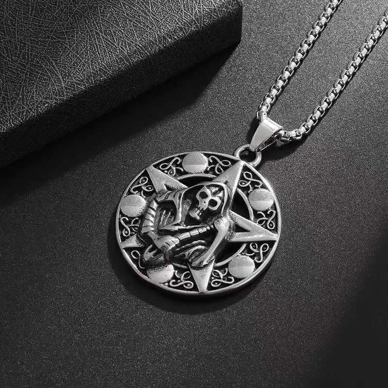 Classic Retro Hell Holy Death Sickle Round Medal Pendant Stainless Steel Necklace for Men Gothic Punk Personalized Jewelry Gifts