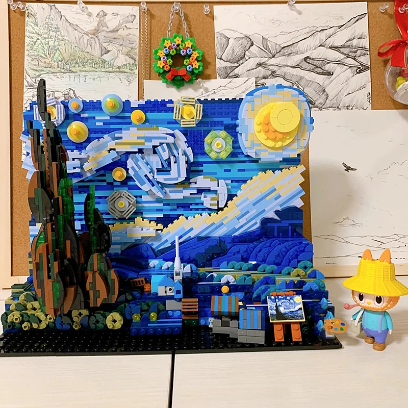 

1830PCS Artistic Starry Night Building Blocks Famous Painting Vincent Van Gogh Desktop Decoration Pixel Bricks Toy For Kids Gift