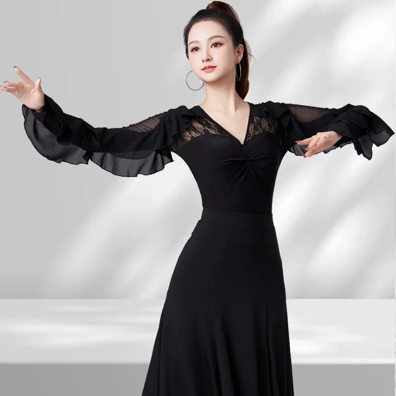 New Latin Dance Top Women Performance Ballroom Leotard Clothes National Standard Waltz Bodysuit Tango Blouse Practice Costumes