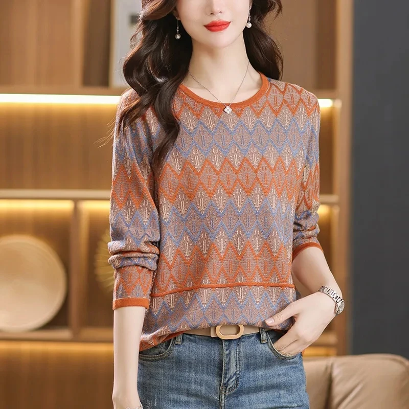 Spring New Fashion Casual Simple Round Neck Diamond Plaid Sweater Women Panelled Printed Patchwork Loose Long Sleeve Knitted Top