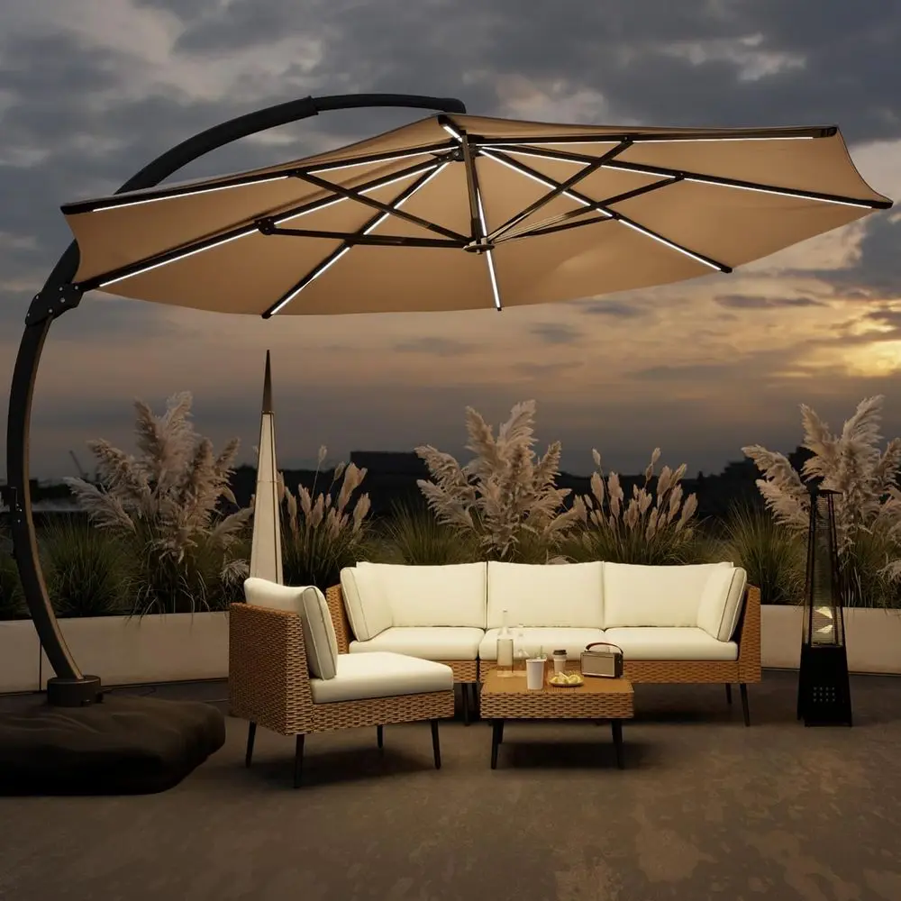 

11-Foot Rotating Cantilever Patio Umbrella with Base, Heavy-Duty Outdoor Umbrella for Pool, Backyard in Champagne