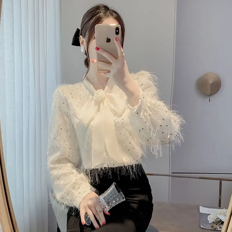 French Bow Tie Tied Chiffon Shirt with Women's Design Sense Bubble Sleeve Top Fashionable Sequin Tassel Long Sleeved Shirt