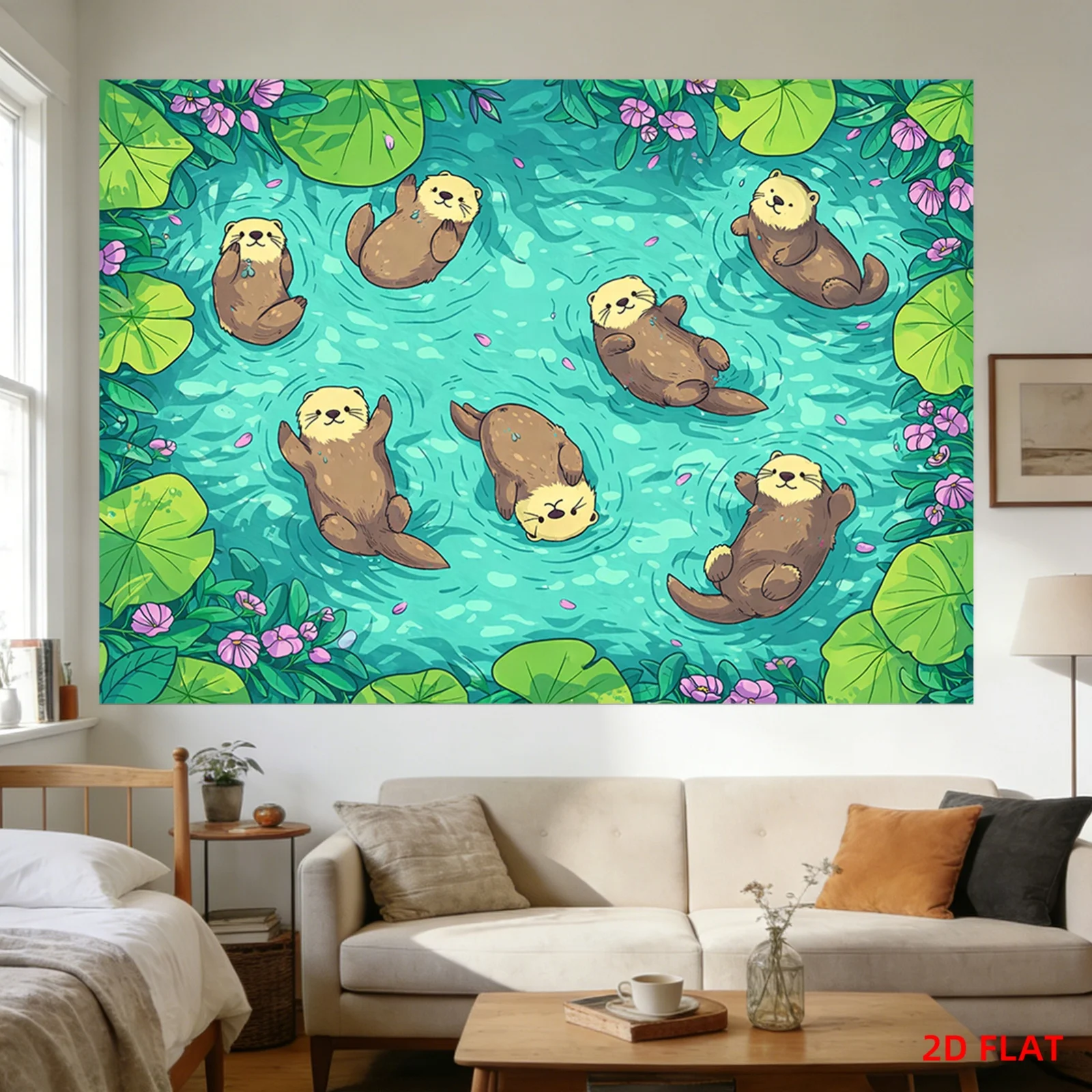 Otter Tapestry Polyester Wall Hanging Swimming Otters Lily Pads Flowers Water Scene Living Room 180x280cm