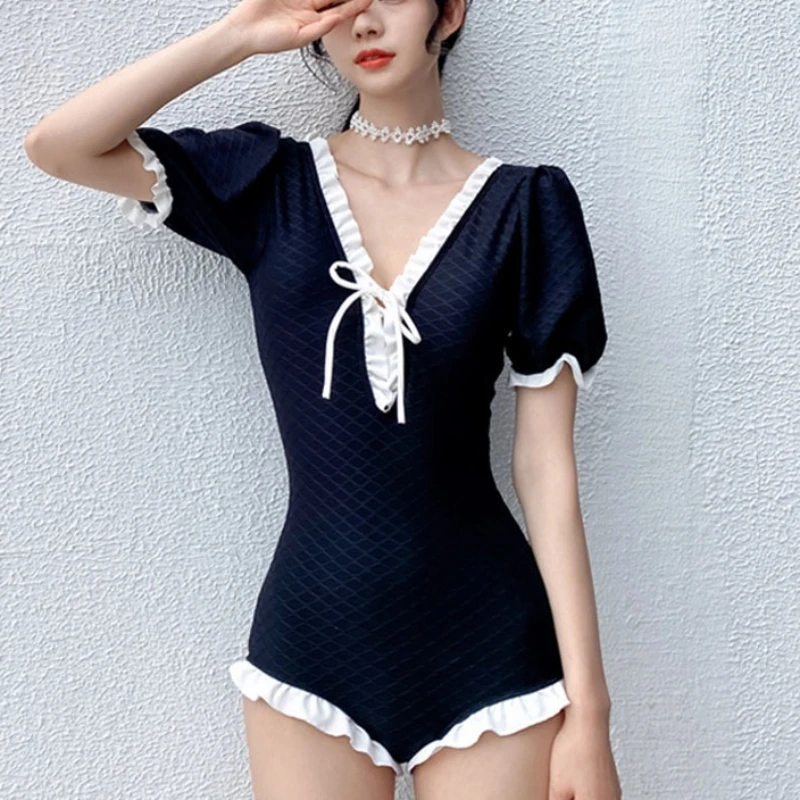 Black Women's Bikini Short-sleeved Spa Flat Angle 1-piece Swimsuit Belly Shading Thin Gathered Strap 2024 Beach Summer Swimwear