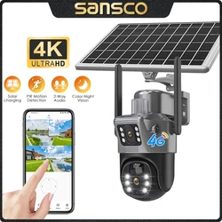 SANSCO 4K 8MP Dual Lens 4G Solar Camera Dual Screen Battery PIR Motion Detection Outdoor 4MP PTZ Security IP Camera V380 Pro