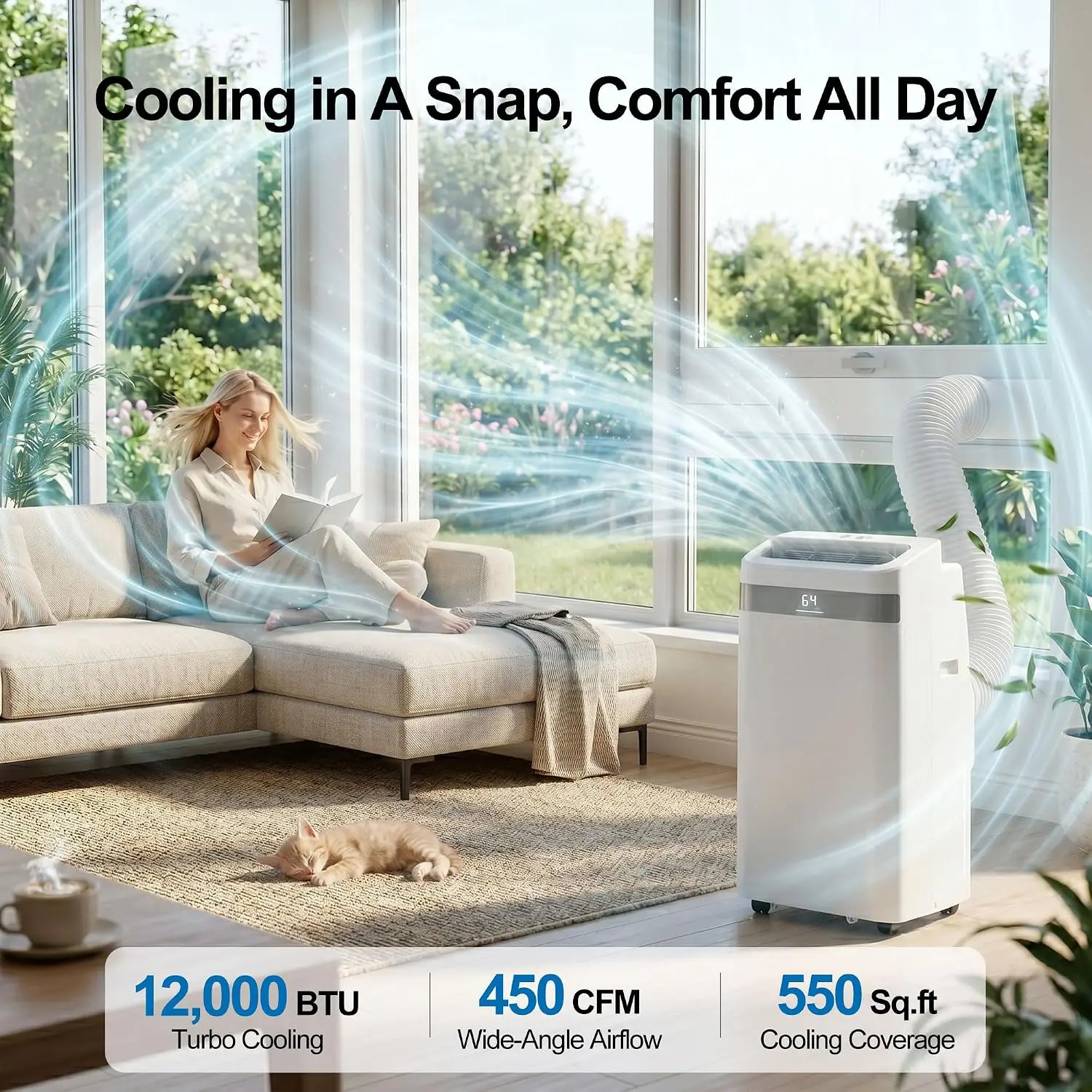 12,000 BTU Portable Air Conditioner, 4-in-1 AC Unit with Cool, Dehumidify, Fan & Sleep Modes, Cools up to 550 Sq Ft, 24-Hour Timer, Remote Control & Window Kit, Air Conditioner for Bedroom