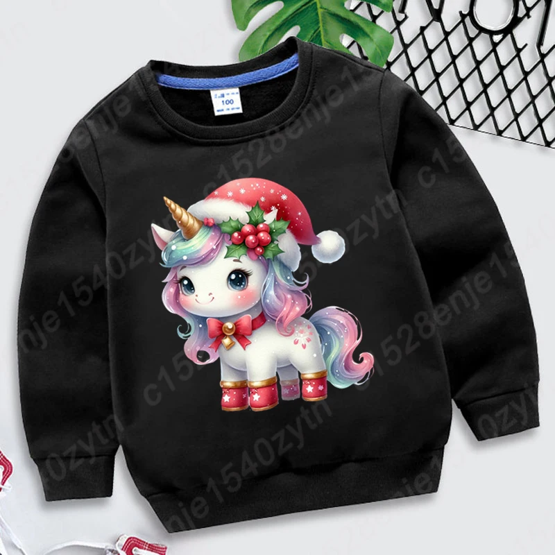 Children Hoodless Sweatshirt Christmas Unicorn Print Round Neck Pullovers Kids Boys Girls Casual Solid Color Pullovers Plus Size