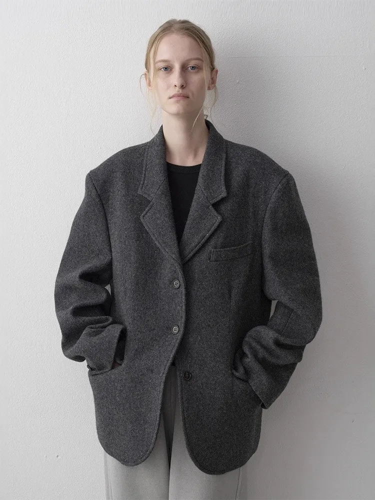 여성용 울 수트 재킷 칼라드 아우터웨어 가을 겨울 신상 3D 원숭이 디자인 출퇴근용 따뜻한 롱 코트