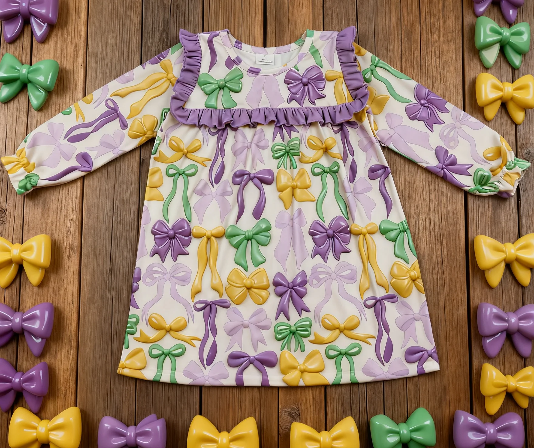

Z930-05 GLD1295 Wholesale Baby Girl Clothes Long Sleeve Bows Print Dress Kids Clothing
