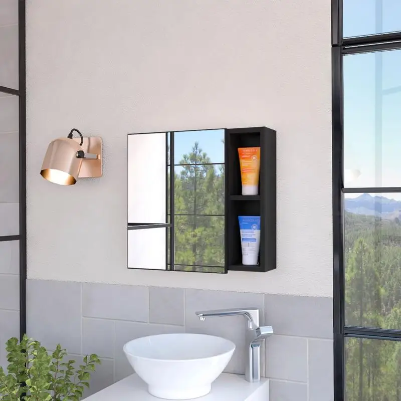 خزانة طبية، مرآة، رفين، باب واحد، 3 أرفف داخلية، حل تخزين مثبت على الحائط للحمام