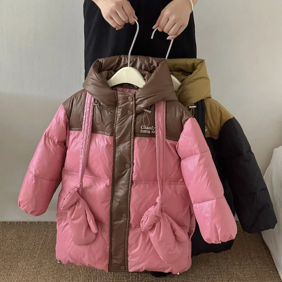 Mid to long children's down jacket with patchwork gloves, white duck down children's clothing down jacket