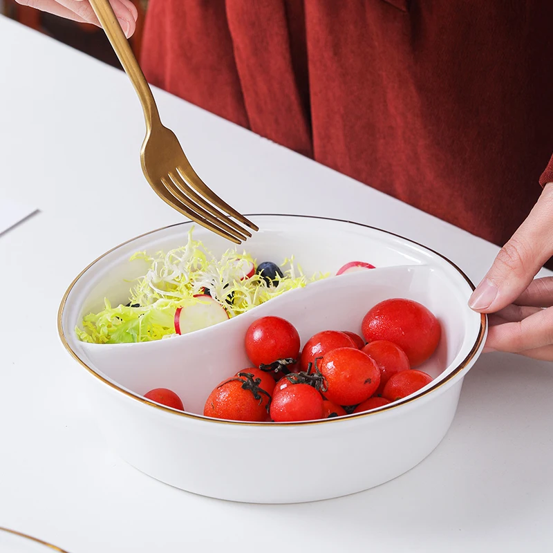Double Section Cerc Soup Bowl Tai Chi Bowl Creative Cantonese Sle Fruit Salad Bowl with Gold Rim for Home Use