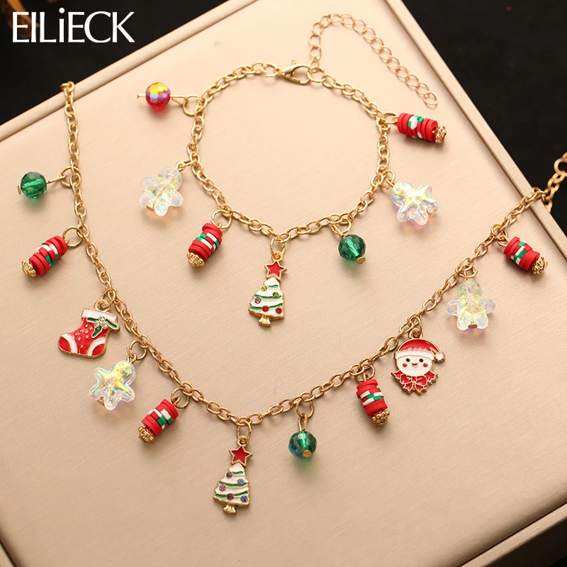 

EILIECK Christmas Tree Snowman Stockings Necklace Bracelet Set For Women Fashion Waterproof Chain Jewelry Set Holiday Gift