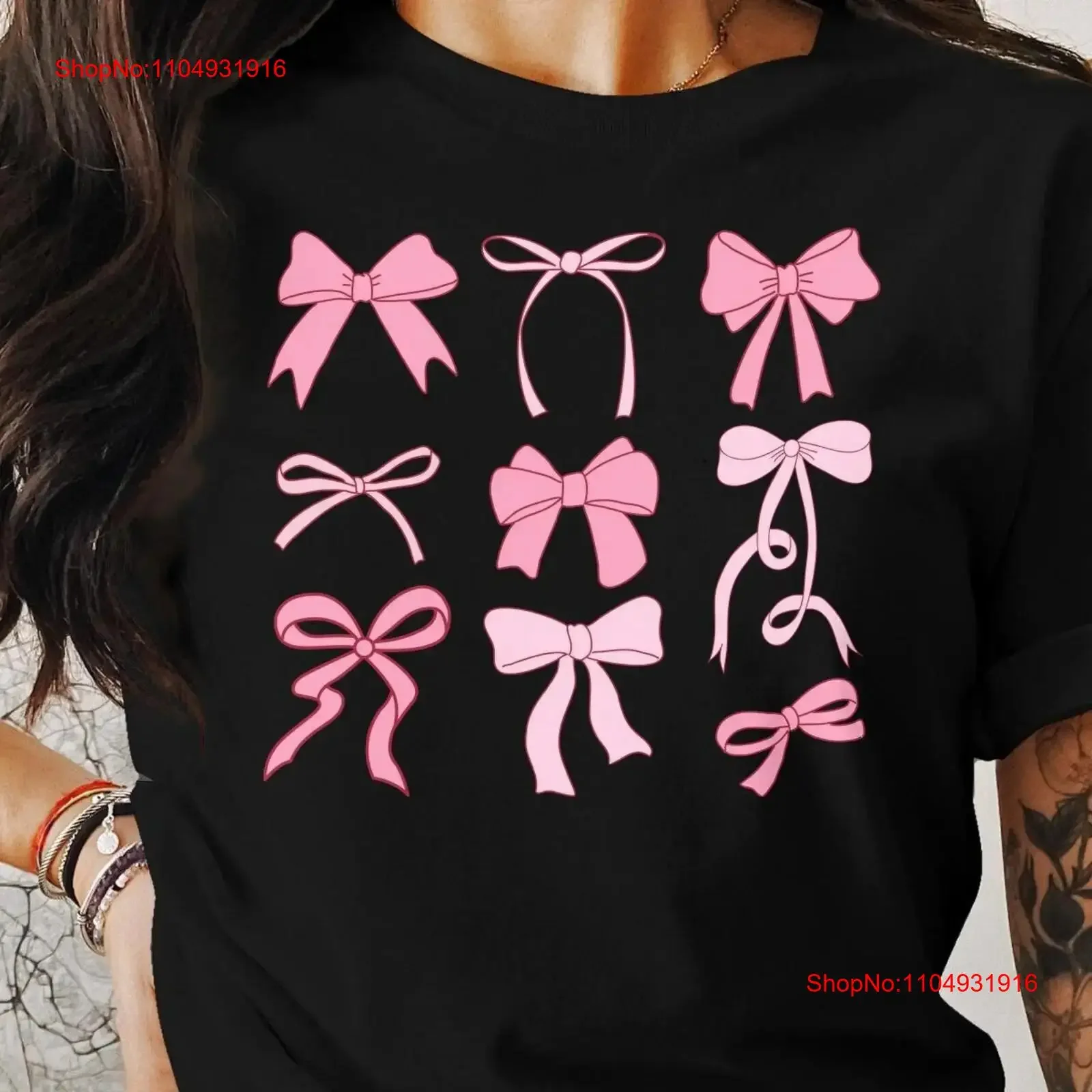 

Pink Bow Pattern T Shirt for Women Cute Print Feminine Casual Top Girly vintage Washed Versatile graphic Stylish fashion homme