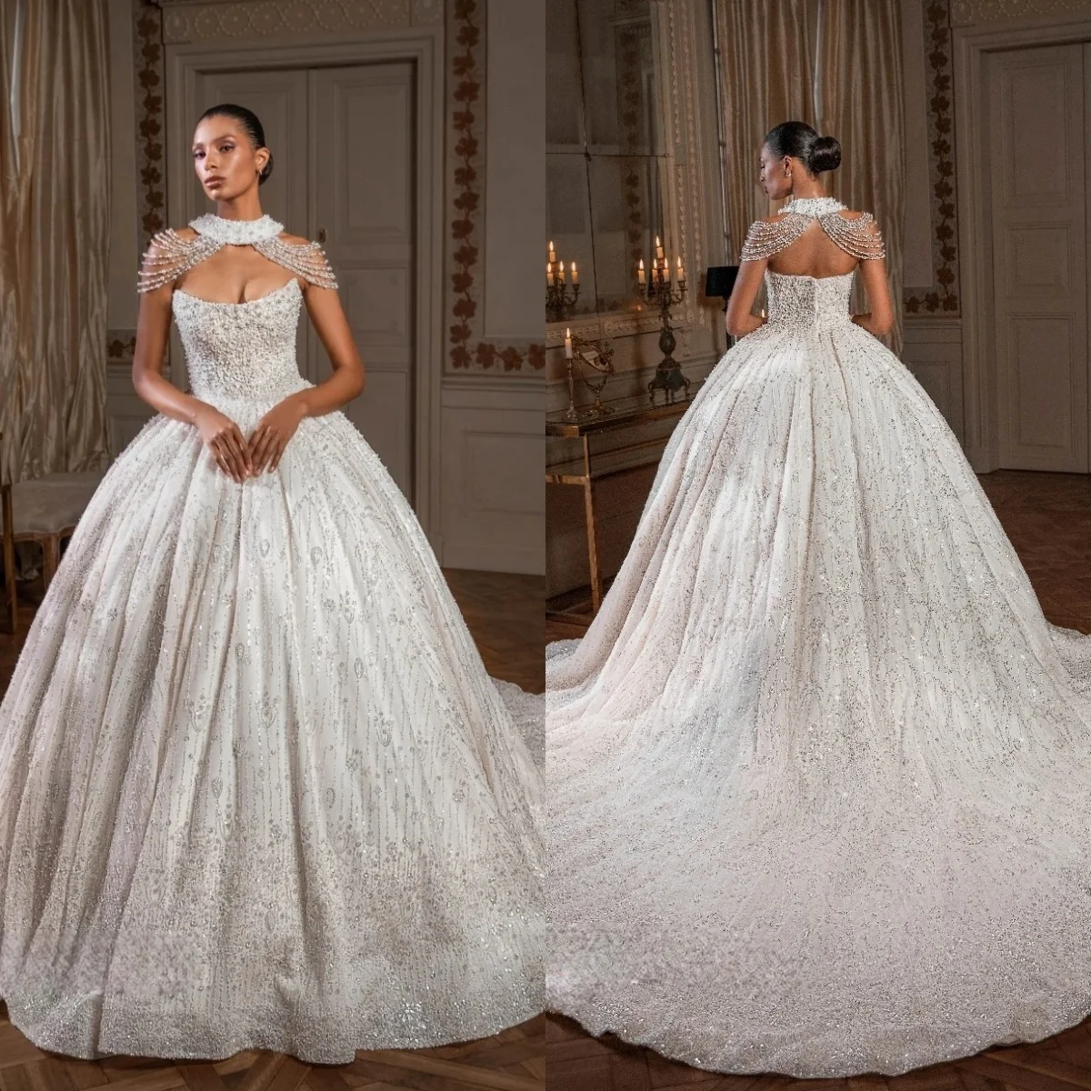 Luxus Brautkleider Perlen Liebsten Braut Ballkleider Pailletten Backless Prinzessin Sweep Zug Angepasst Vestidos De Novia
