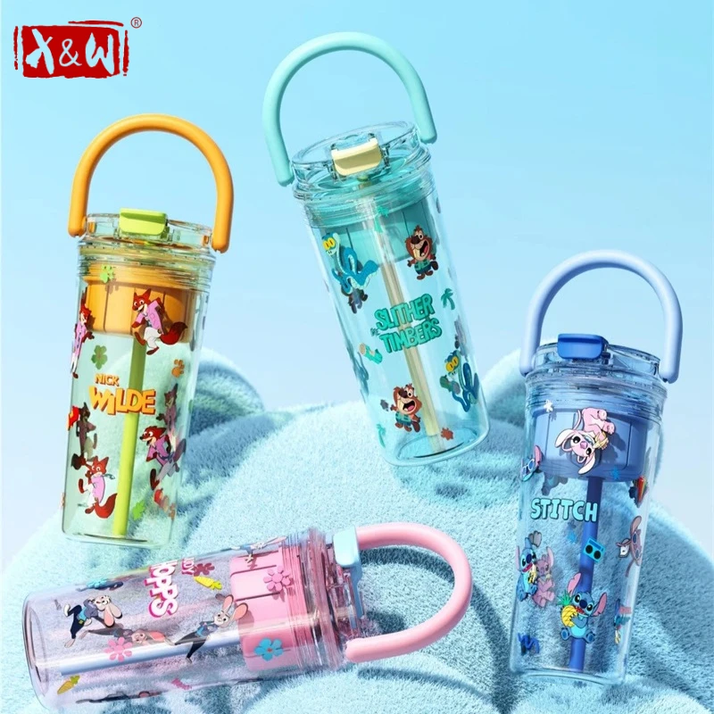 X&W para Disney, Taza de Agua Infantil de 650 ml, Linda Botella de Agua Judy Nick con Asa, Taza de Paja Portátil para Verano, Camping y Aire Libre, Regalo