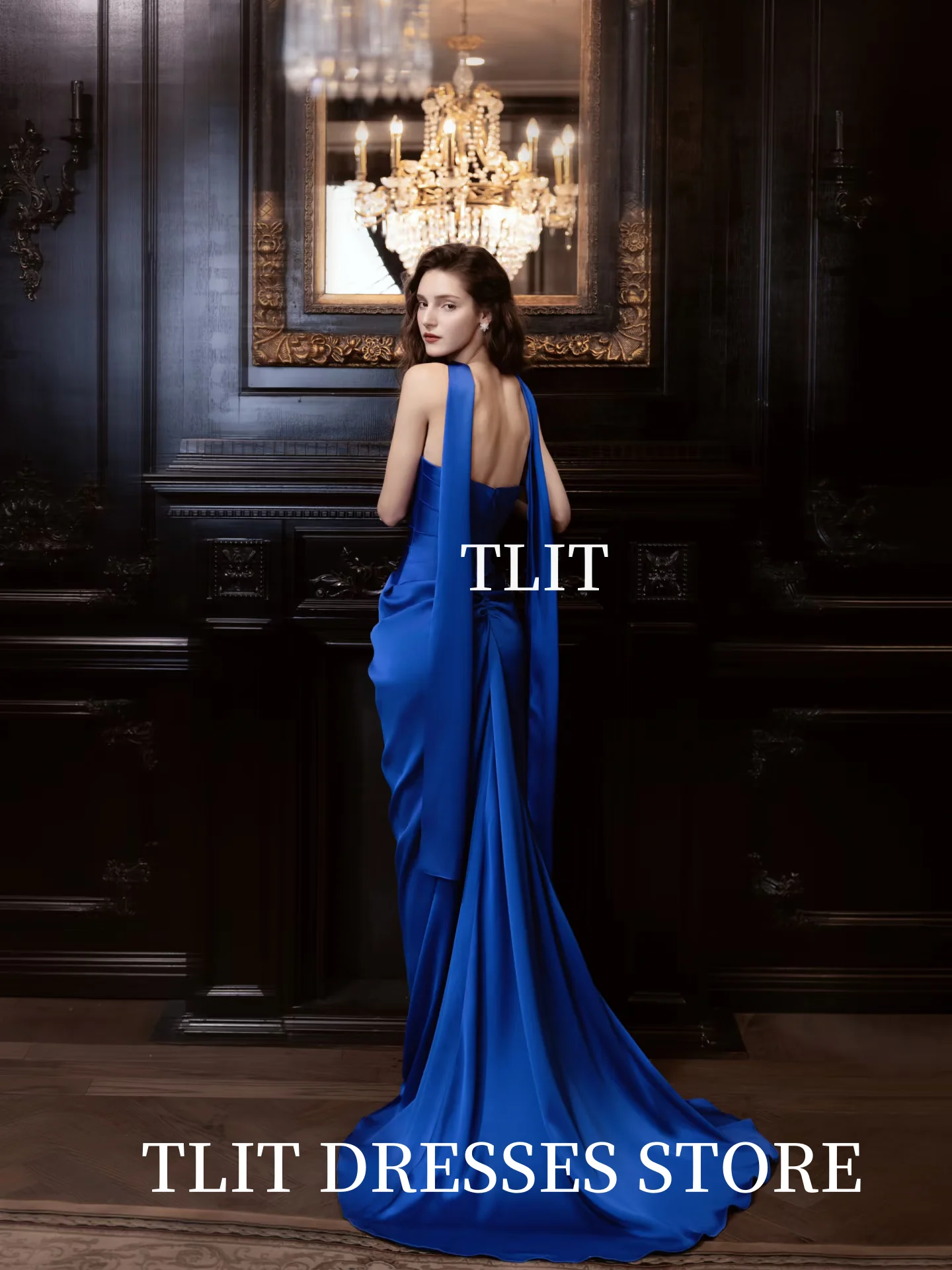 Eleganckie, szlachetne, niebieskie sukienki wieczorowe z jedwabnej satyny, bez ramiączek, vestido de noite, szyte na miarę, długie szale, sukienki bez rękawów na przyjęcia.