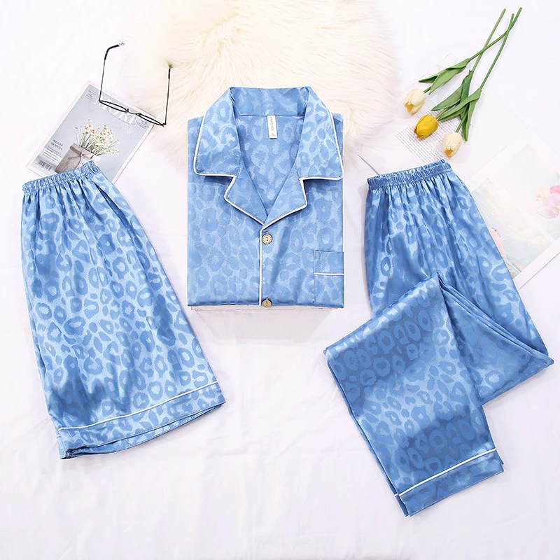 Pajamas men\'s summer leopard patterned jacquard ice silk short sleeves+shorts+pants cardigan lapel three piece set home clothing