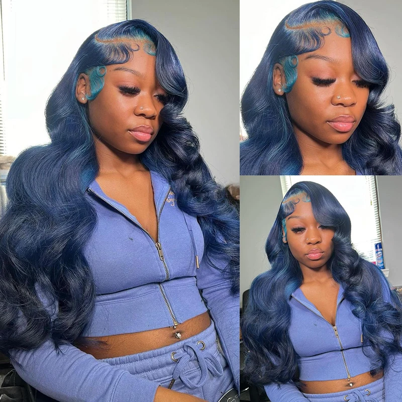 Dark Night Blue Transparent Lace Frontal Body Wave Synthetic Hair Wig Blue Color Pre Plucked 13x4 Lace Frontal Wigs for Women