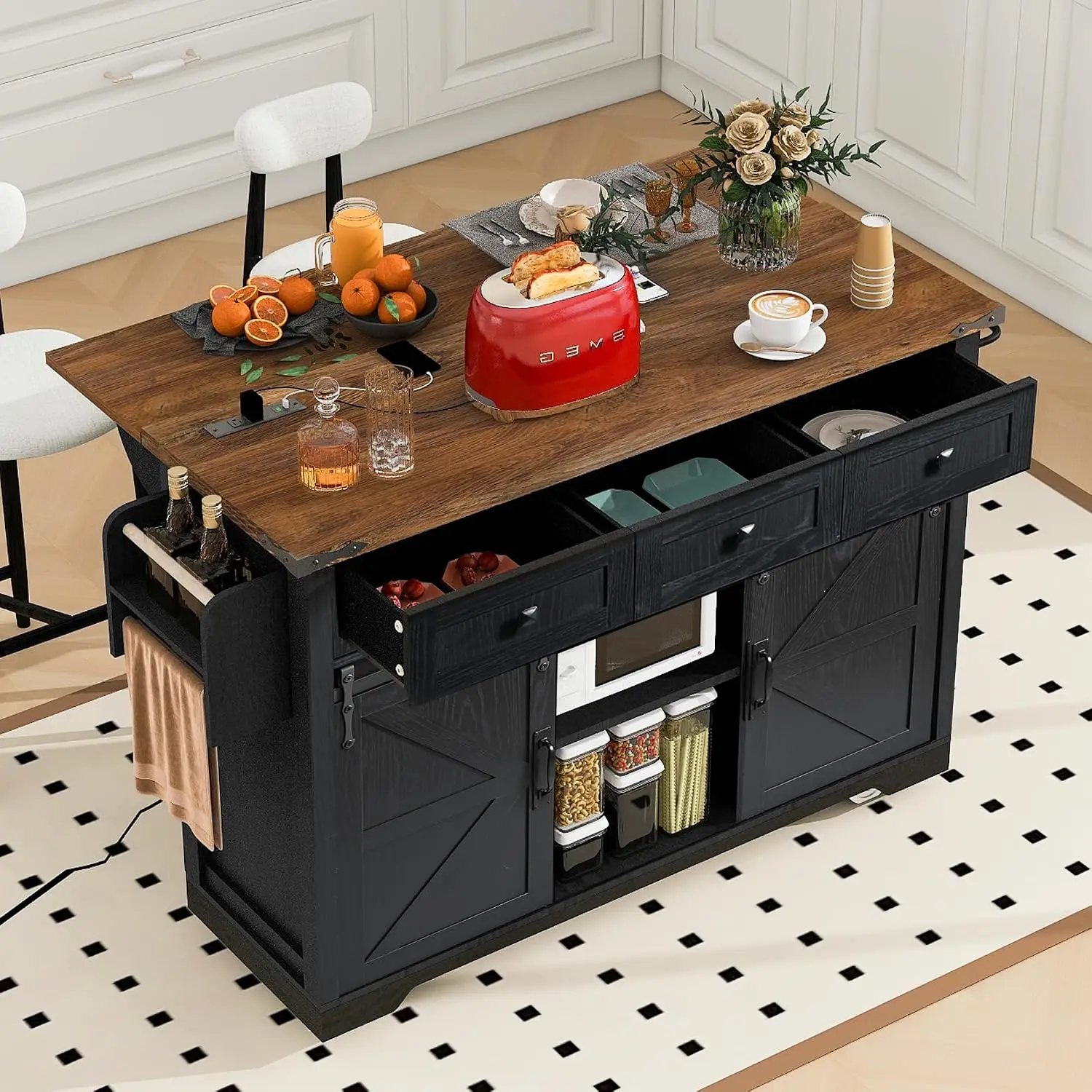 Rustic Kitchen Island Sliding Barn Doors Drop Leaf Power Outlet Spice Rack Mobile Rolling 53.7