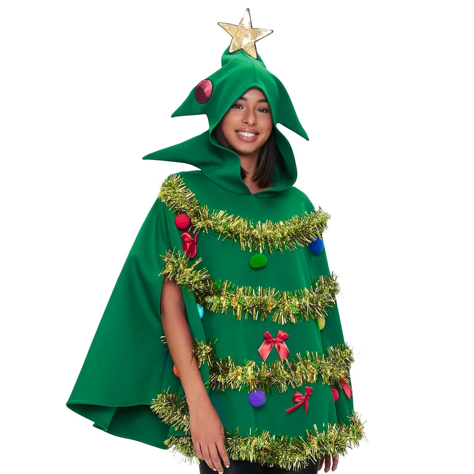 Christmas Tree Poncho Costume Adults Women Men Bow Ball Decor Hooded Cloak Cape Party Prop for Cosplay Party Role-Playing 2024