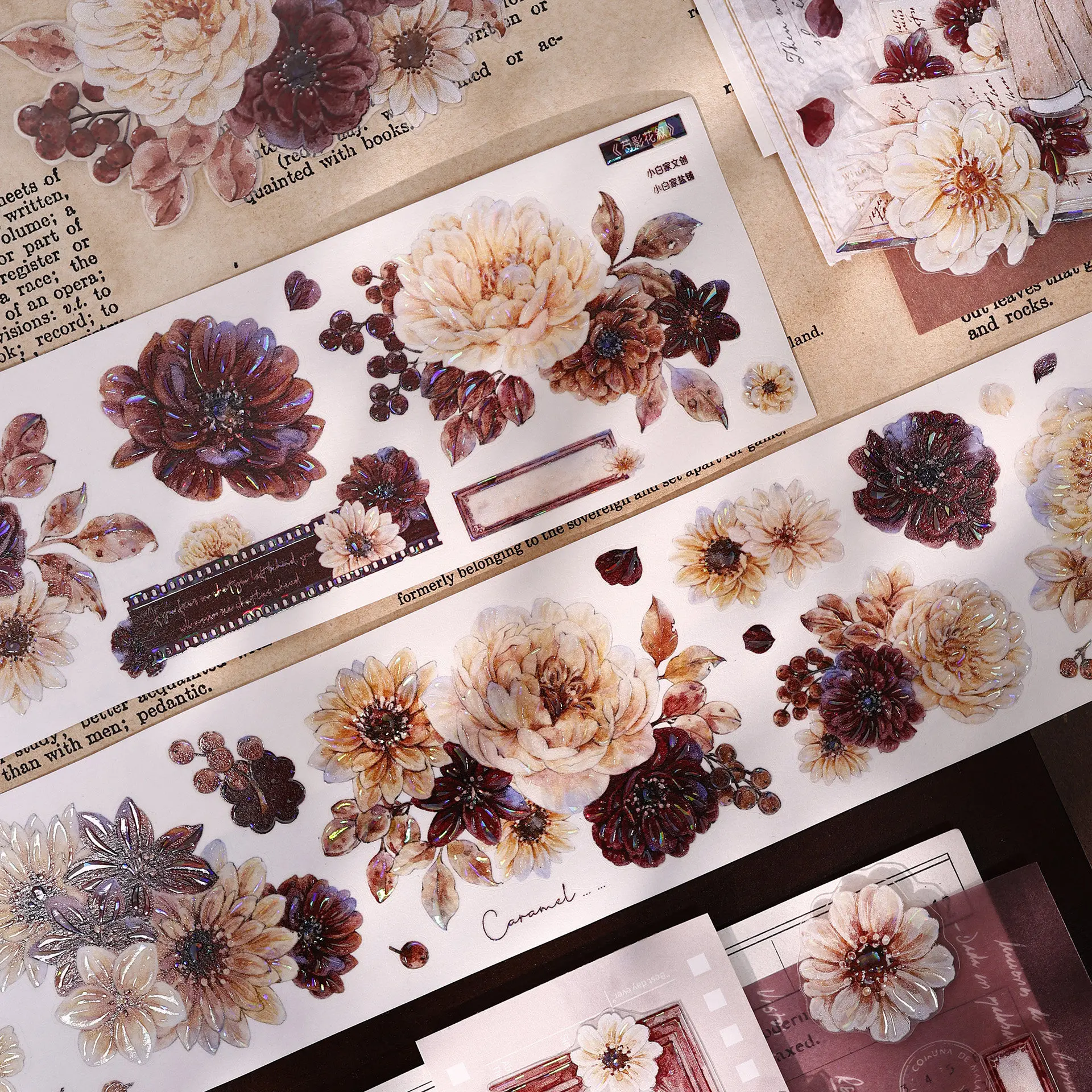 Vintage Peony Floral Washi PET Shell Shiny Die-Cut Collage Tape for Journal Scrapbooking DIY Craft Decor