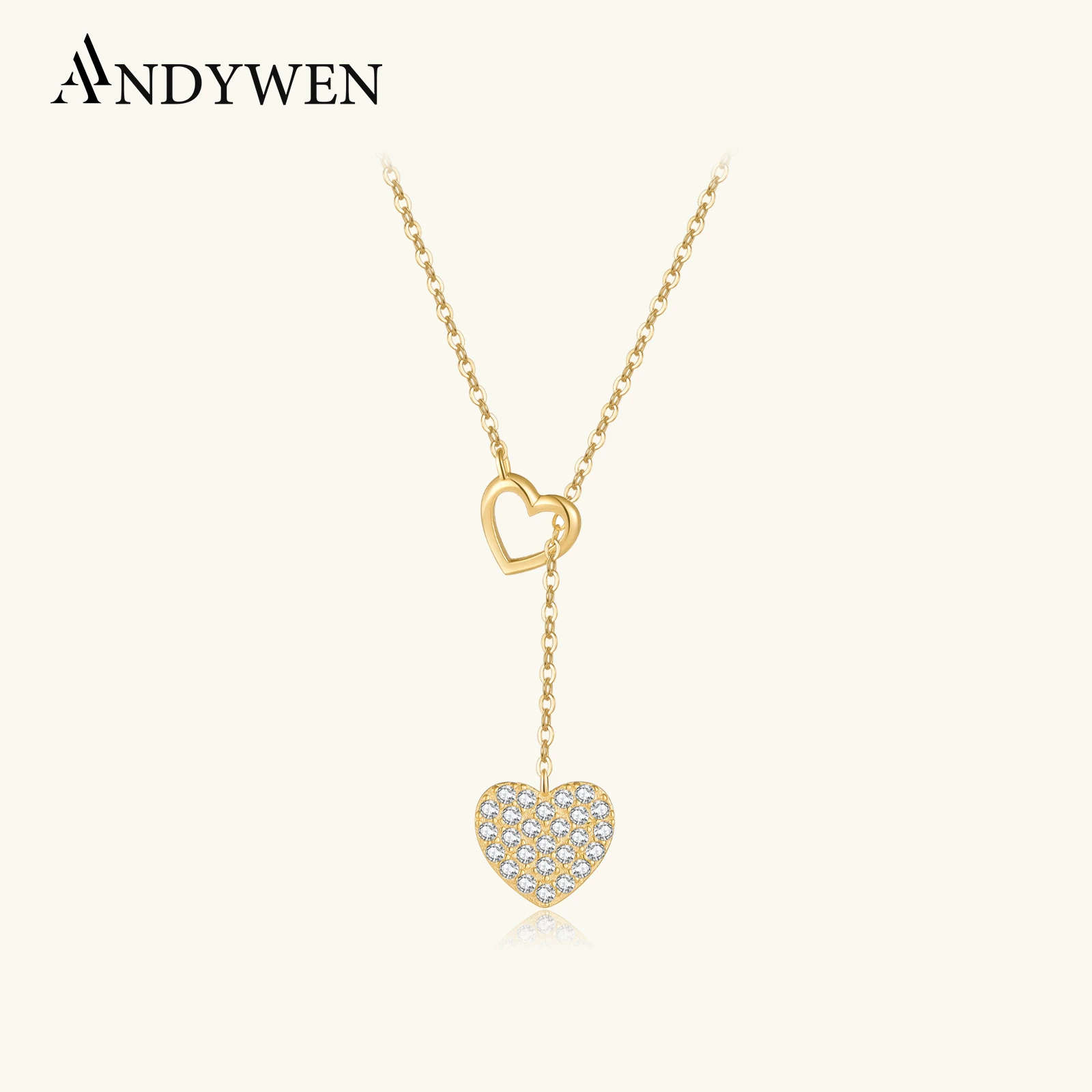 ANDYWEN 925 Sterling Silver Gold Love Heart Pull Heart Move Adjustable Chain Necklace Choker Women Luxury Fine Jewelry