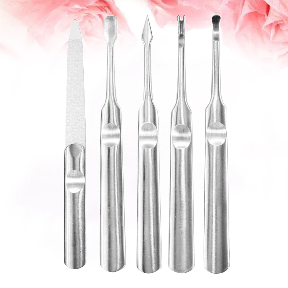 5 stuks manicure gereedschap roestvrij staal dode huid vork nagelvijl set ergonomische polish grind nagelriemverwijderaar nagelreinigingsstok
