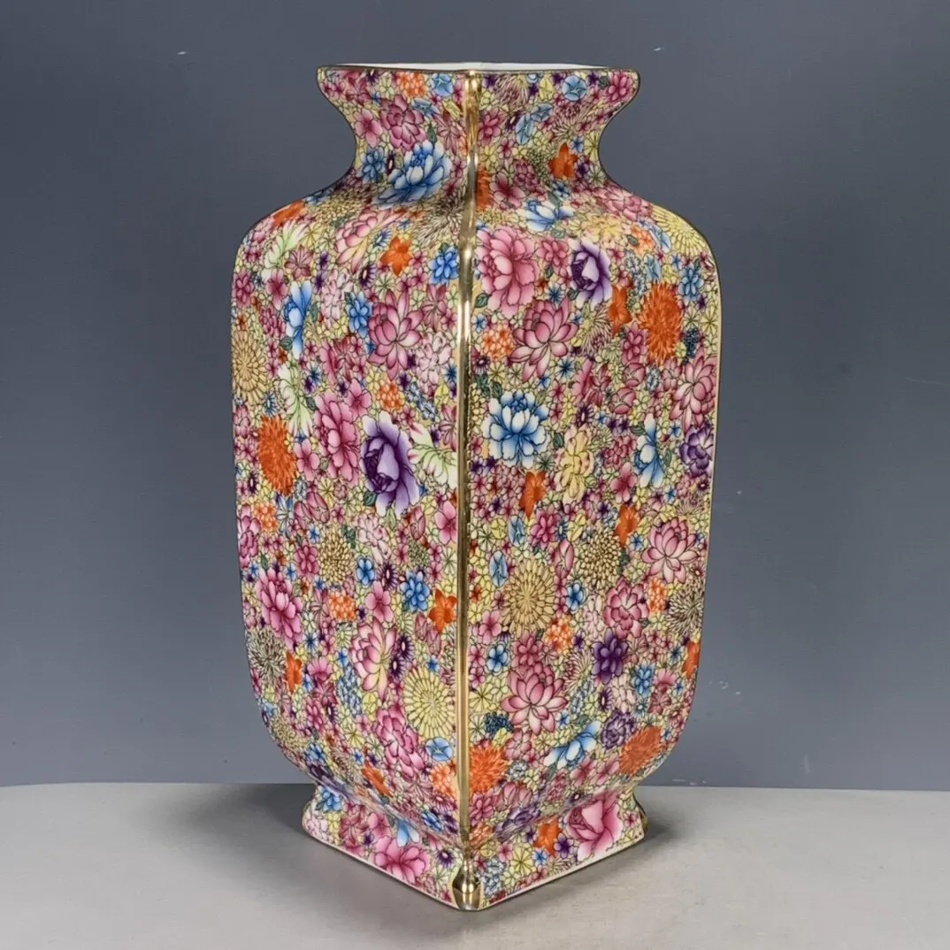 Chinese Enamel Gilded Ten Thousand Flowers Square Porcelain Vase Qing Style Replica Ceramic Bottle Home Decor Collectible Craft
