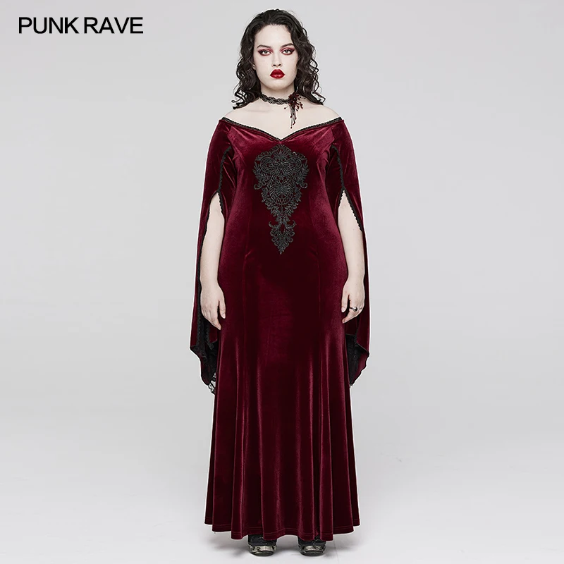 PUNK RAVE Women's Gothic V-neck Gorgeous Large Decal Dress  Party Club Long Sleeve Elastic Velvet  Autumn/Winter