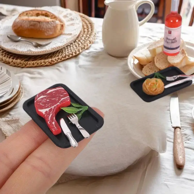 Accessoire de bricolage Miniature pour maison de poupée, ensemble de 5 pièces, pâtes à Steak simulées, assiettes, couverts, modèle de jouet de décoration alimentaire de cuisine