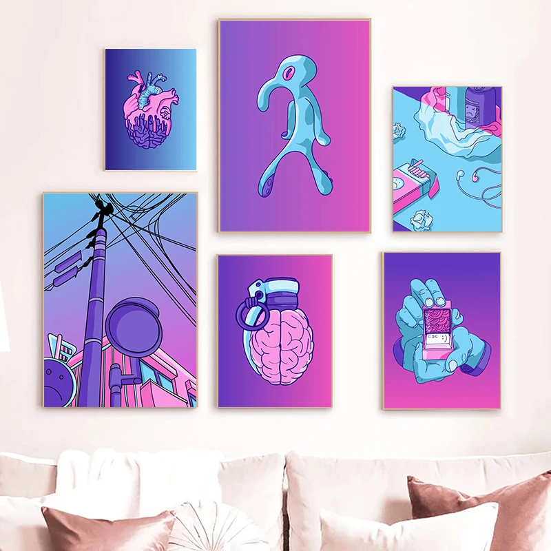 Abstract Synth Art Poster Cartoon Game Heart Pink Poster Art Canvas Painting Fancy Wall Art Picture for Coffee House Bar Decor