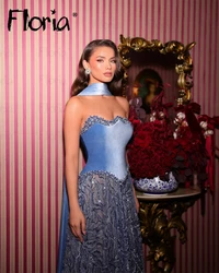 Glanzende blauwe galajurk op maat vestidos de gala lieverd elegant een lijn lange beroemdheidsjurk voor bruiloft vrouwen feest sjaal