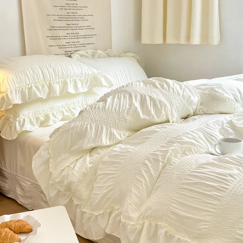 

Ins Style Korean Bedding Set Lace Seersucker 4-piece Bed Sheet Set Quilt Cover Solid Duvet Cover For Girl Spring Decor Home