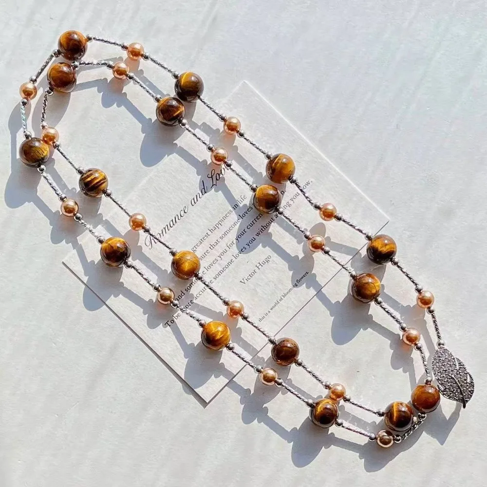 

2025 Natural Tiger's Eye Imitation Pearl Multifunctional Necklace, Luxurious Vintage Feather Clavicle Chain Jewelry