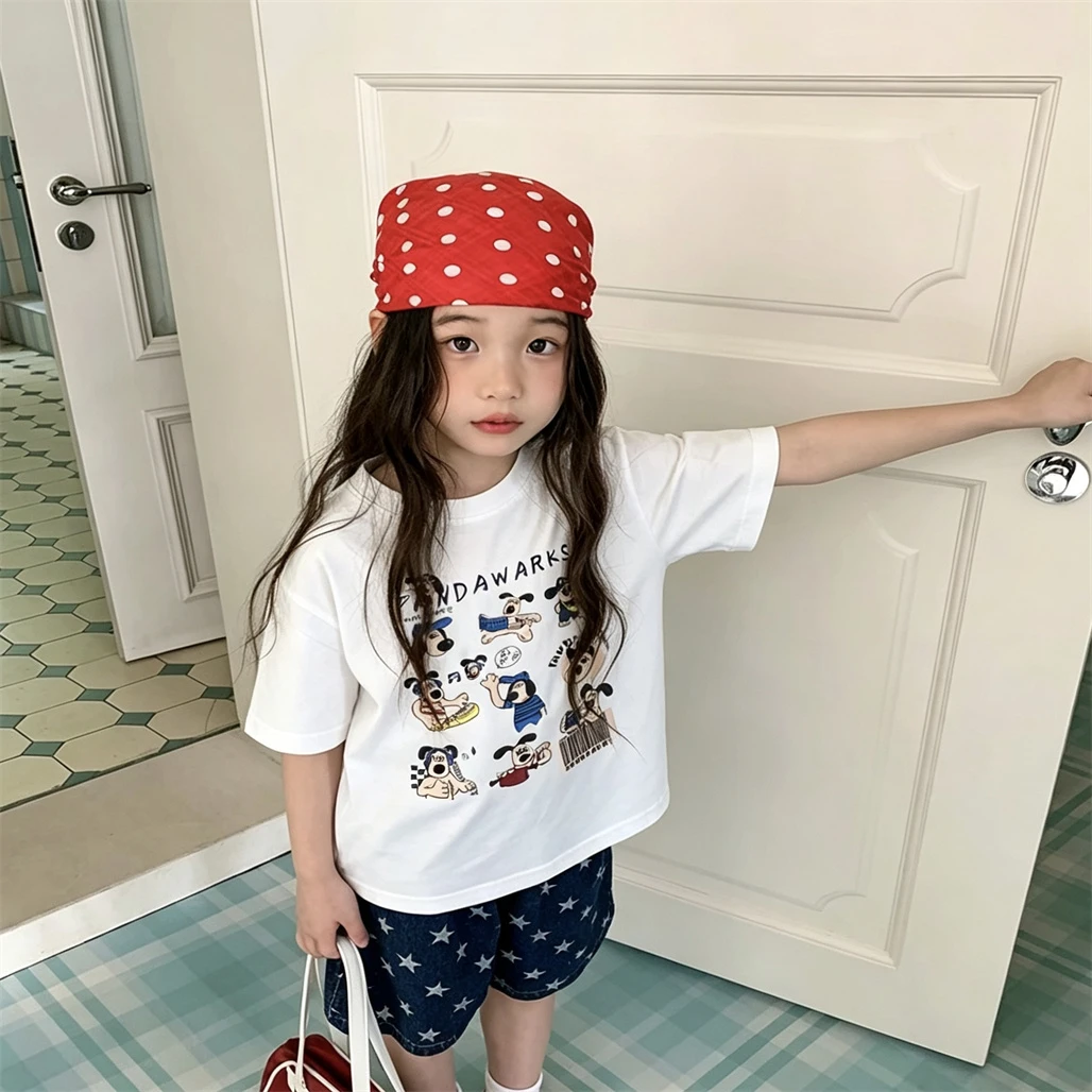 

Kids New Design Tees Summer Girls Printing Short Sleeve Loose Casual All-match Base Shirt Thin Pure Cotton Clothes Lovely Tops