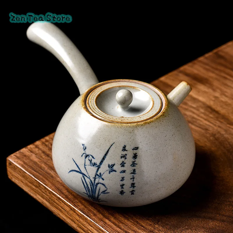 Wood Gray Glaze Teapot Single Pot Ceramic Teapot Home Retro Hand-made Japanese Side Handle Long Handle Pot Kung Fu Tea Set