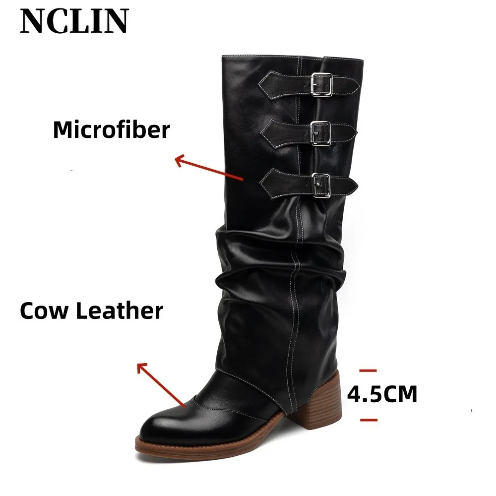 NCLIN Women Knee High Boots Genuine Leather Buckles Long Motorcycle Boots Warm Punk Sexy Party Shoes High Motorcycle Boots