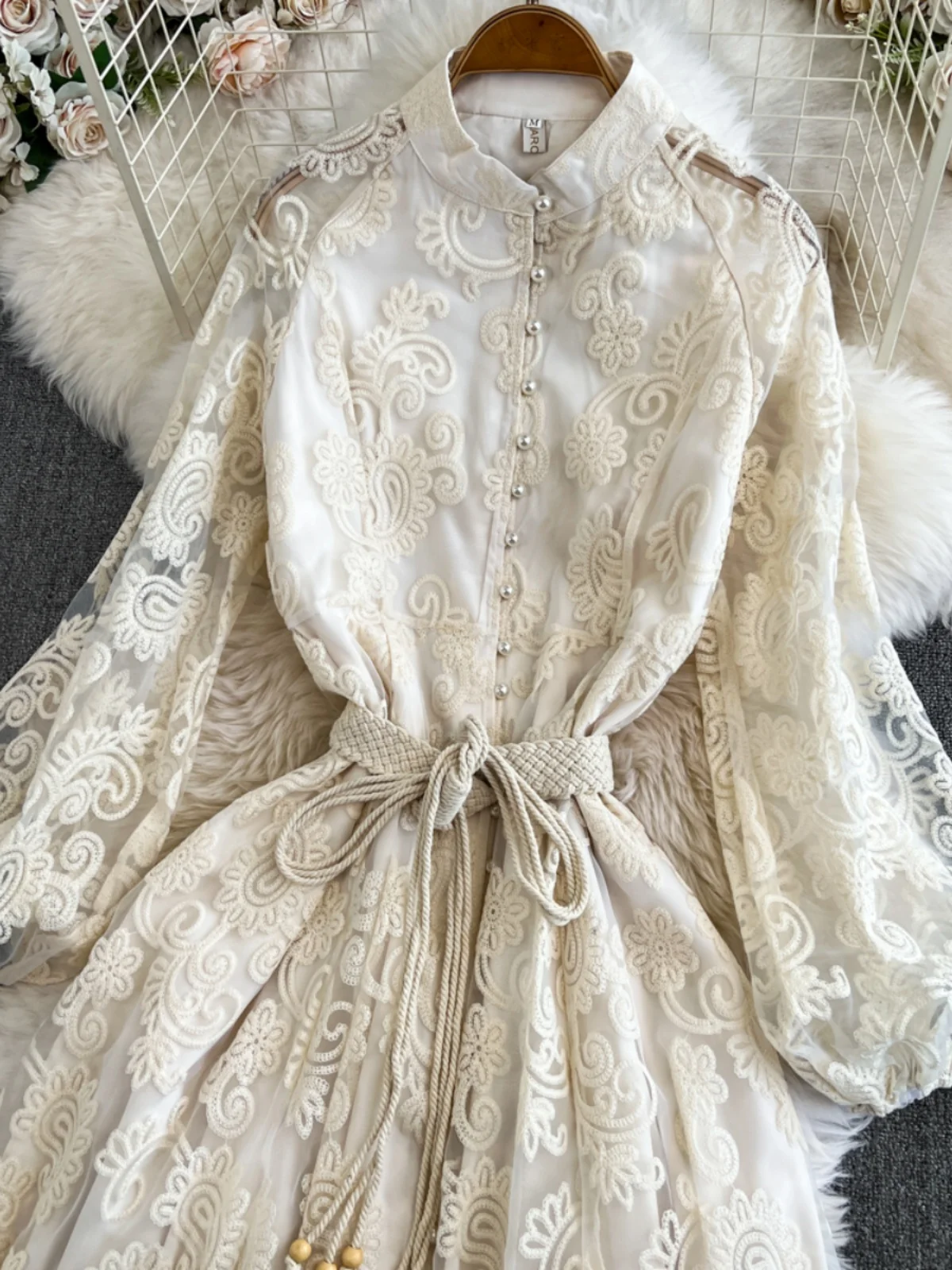 Ele Wasserlöslicher Blumenstickerei Puffy Rock Lang Dr Spitze aushöhlen Urlaub Sle Hohe Taille A-Linie Midi Dr