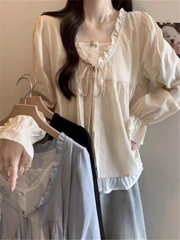 

Мужская рубашка-поло больших размеров с V-образным вырезом, пышными рукавами, повседневная, весенне-осенняя, свободного кроя, с цветочным декором, имитация двухслойного дизайна, длинный рукав