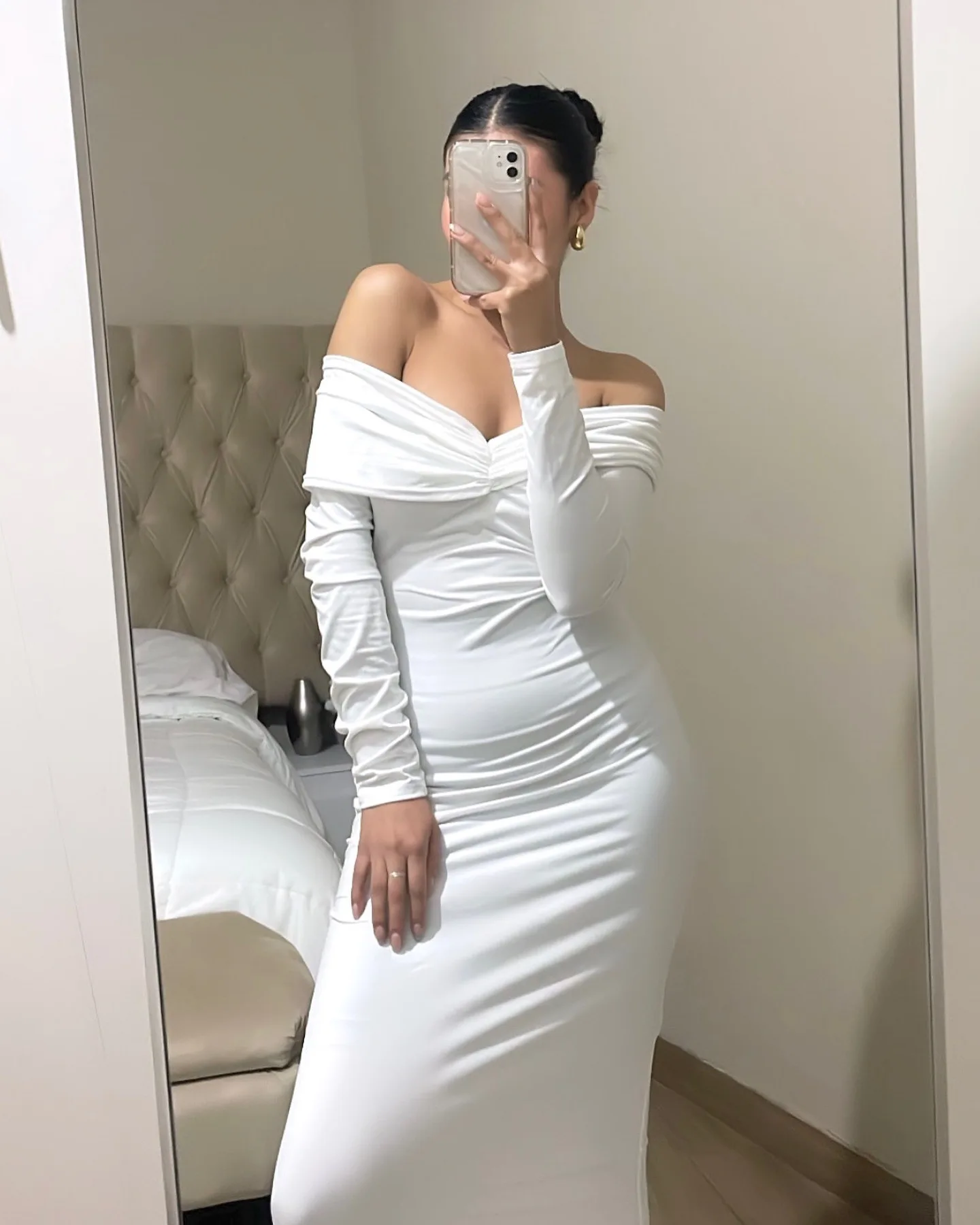 GORAFASHION off-shoulder V-neck High Waist Tight Long Dress Women\'s Clothing 2024 New Stretch Sexy Elegant White Women\'s Dresses