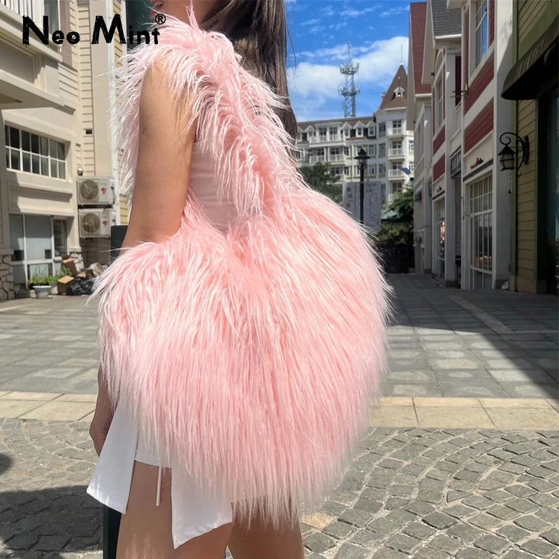 2024 New Ins Trendy Heart Shaped Shoulder Bags Women Faux Sheep Fur Crossbody Bag Large Capacity Cute Y2k Kawaii Girls Handbags