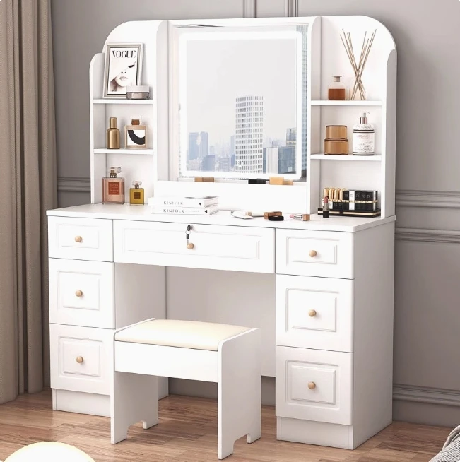 Vanity Desk Set with  Lighted Mirror  Power Outlet,  Drawers Makeup Vanities Dressing Table with Stool
