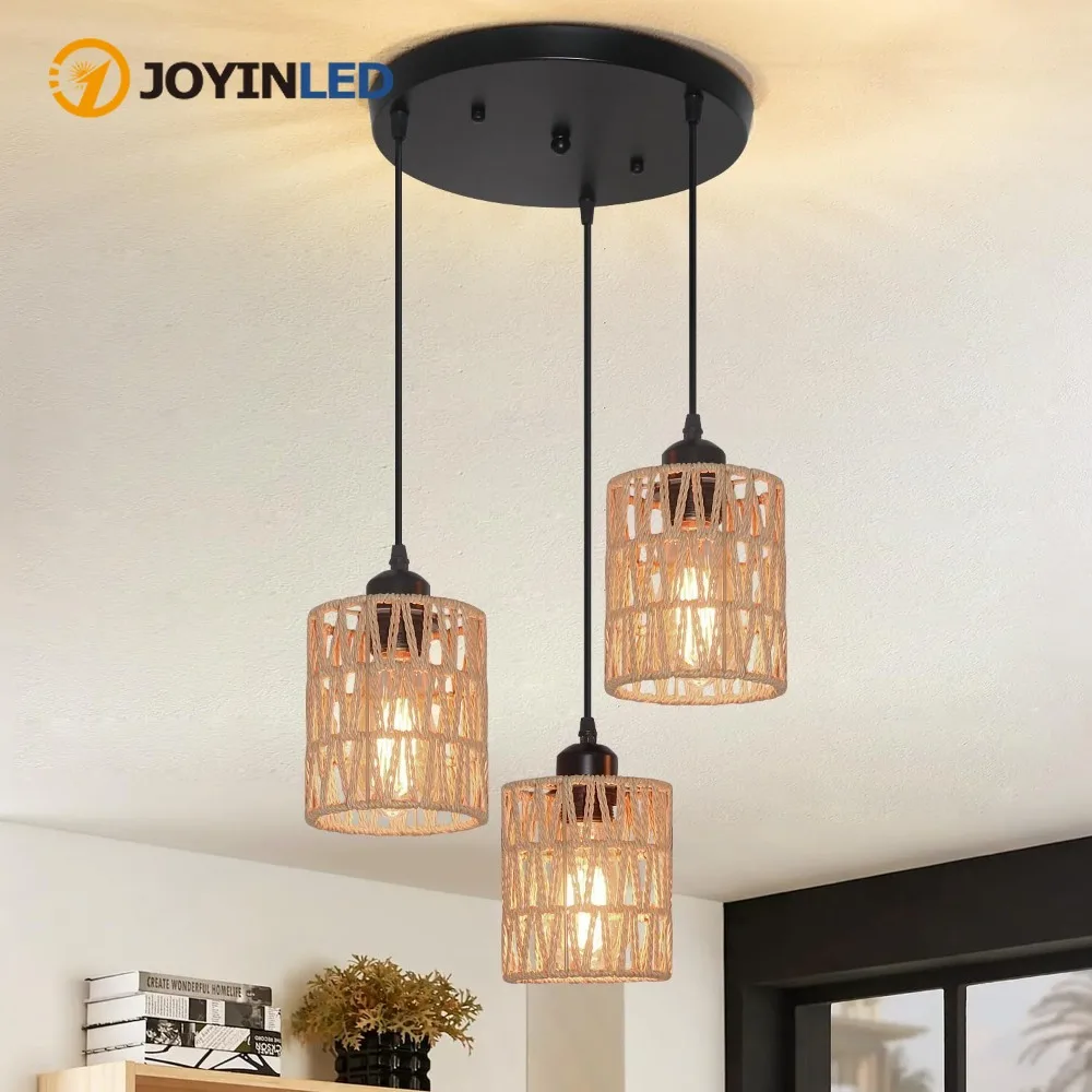 Lámpara Colgante de Mimbre Estilo Boho JOYINLED, Lámpara de Techo Industrial para Isla de Cocina, Comedor, E27