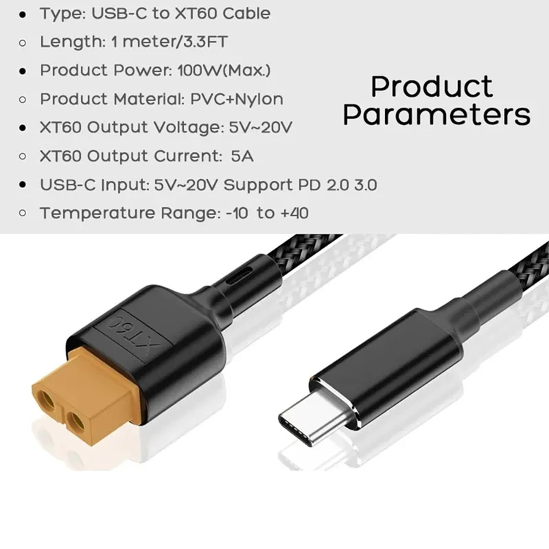 USB-C Type-C To XT60 Charging Cable PD 100W 20V/5A Charging Cable For Tool-Kitrc M7 M6 M6D M8S Charger,Solar Panel.