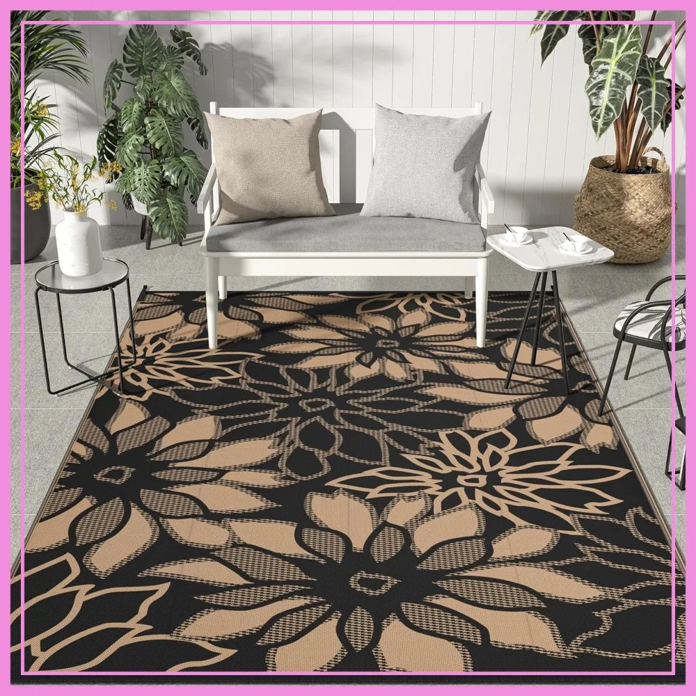 

8x10ft Reversible Outdoor Rug Waterproof Plastic Straw Floral Camping Carpet for Patio, RV, Deck, Beach, Picnic, Black Brown