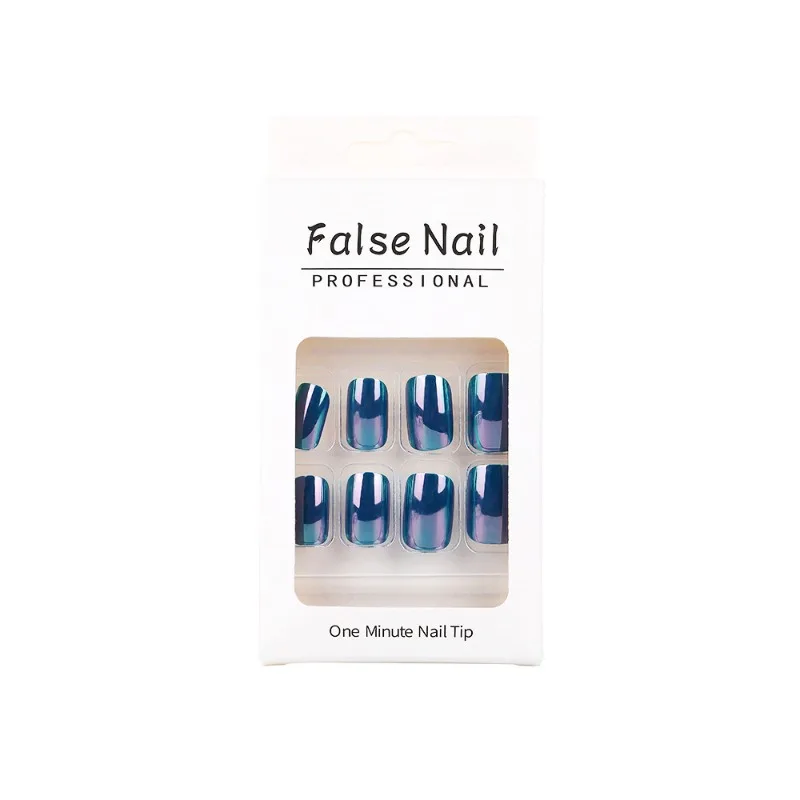 24 Pcs Short False Nails with Glue Square Glue on Nails Metallic Ready-made Artificial Fake Nail Girls Press on Nails with Glue