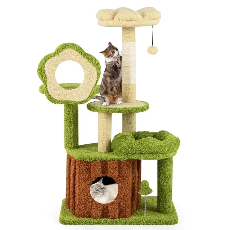 

Cute Cat Tree for Adult Cats Multi-level Kitty Tower with Trunk Condo-Green