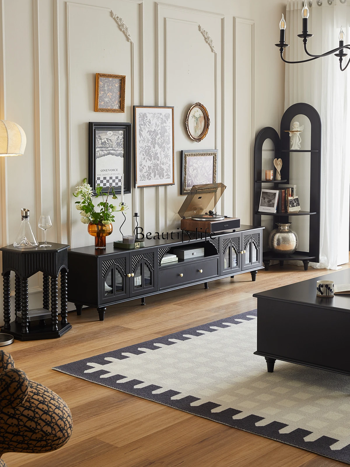 

French retro TV cabinet black floor locker solid wood