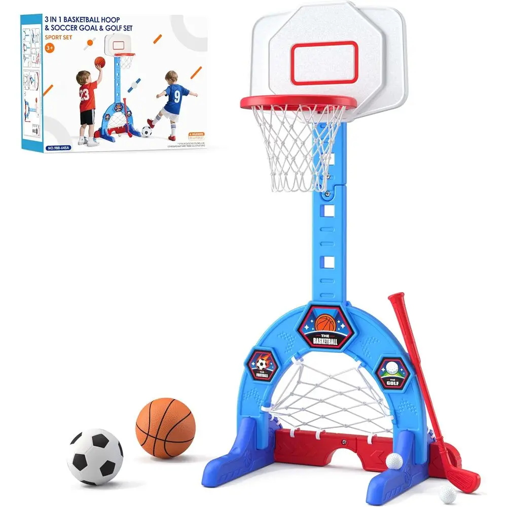 

3-in-1 Kids Sports Activity Center: Adjustable Basketball Hoop, Soccer Goal, and Goal Game for Ages 3-5, Blue